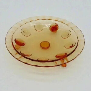 Indiana Glass Amber Trinket Footed Bowl Dish with a scalloped 8.5 inches Vintage